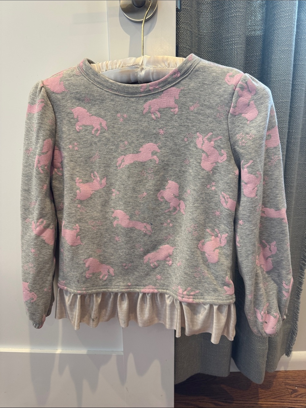 Lands' End Gray Pullover with Pink Unicorns and Ruffle Hem